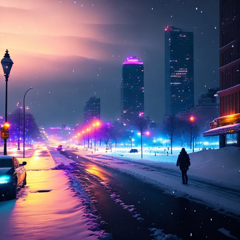 Figure walking snowy city street at night with glowing skyscrapers and streetlights