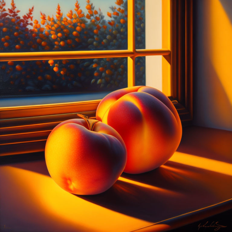 Ripe peaches on sunlit windowsill with tree view