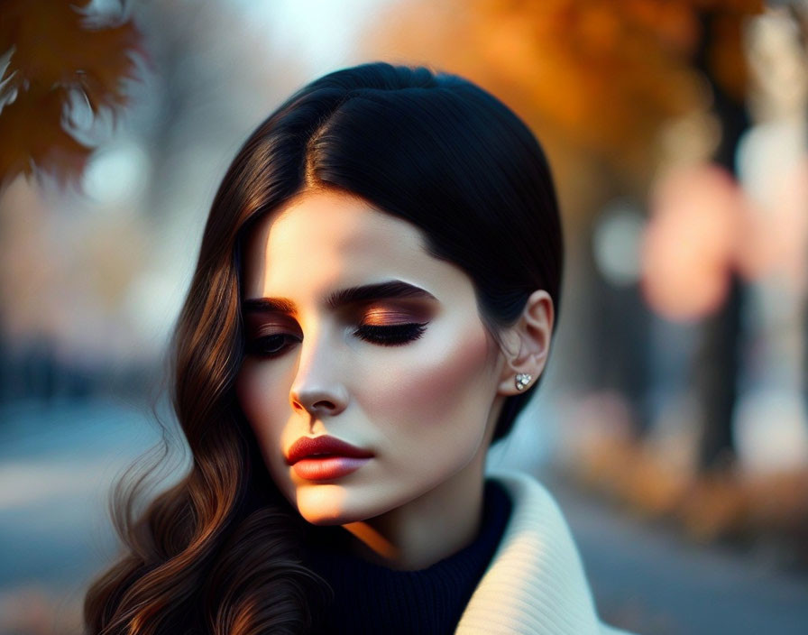 Elegant makeup woman with wavy hair in contemplative gaze against autumn backdrop