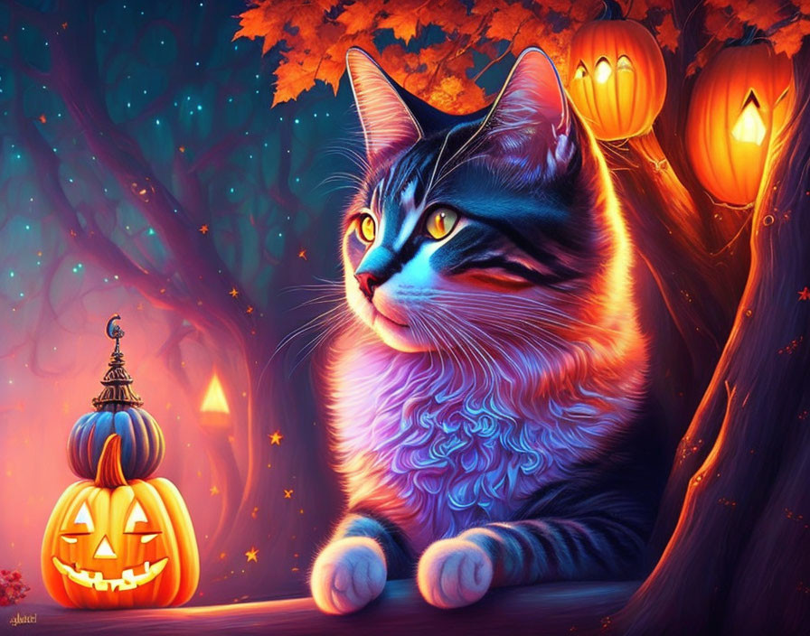 Colorful Cat and Pumpkin Illustration with Halloween Decorations