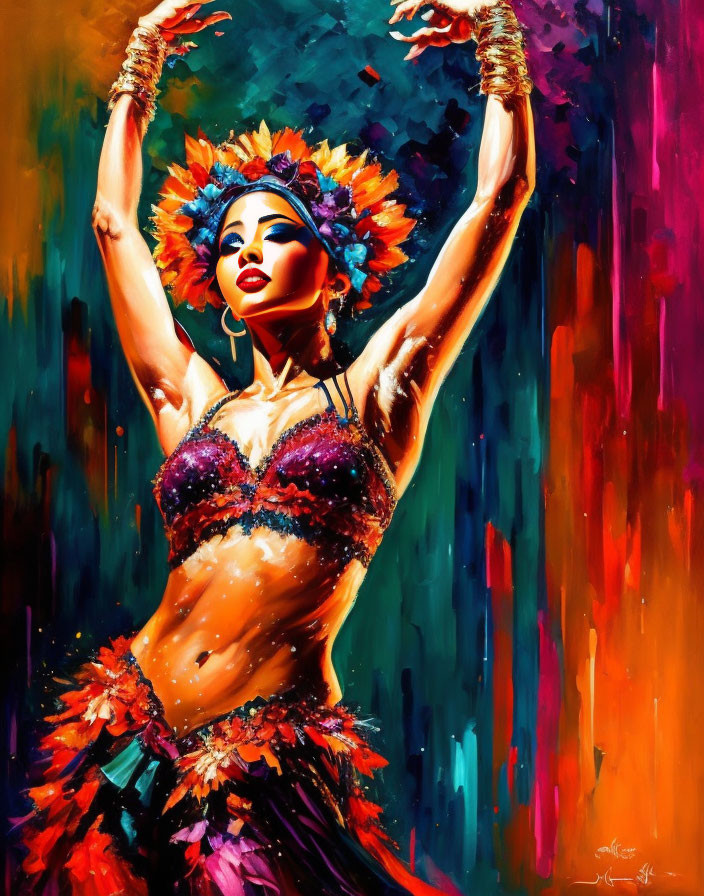 Colorful dancer painting with raised arms and headdress in warm hues