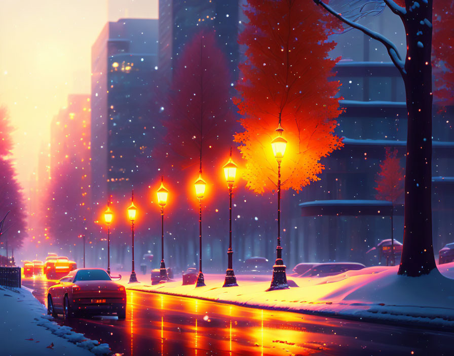 Glowing street lamps illuminate snowy winter scene at dusk