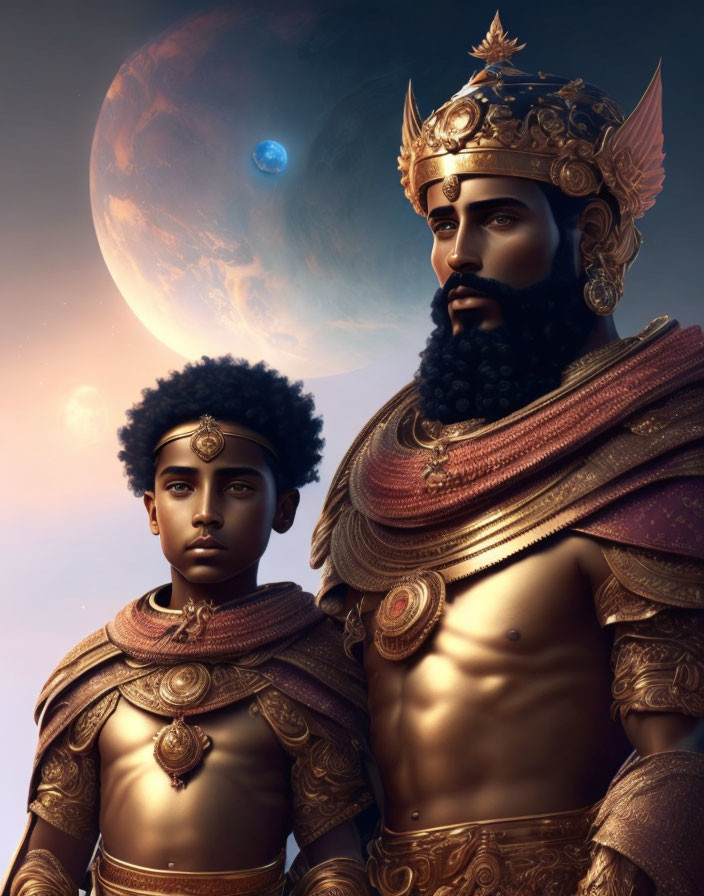 Regal man and boy in gold armor against moonlit sky