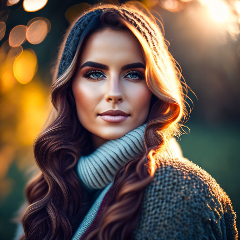 Woman with Wavy Hair in Hood and Turtleneck Outdoors in Golden Sunlight