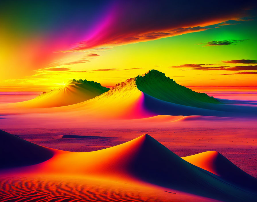 Colorful desert landscape with rolling dunes under a psychedelic sky