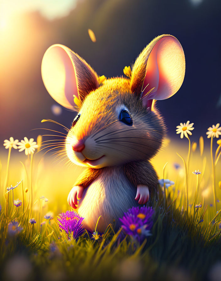 Animated mouse with large ears in sunlit field among flowers