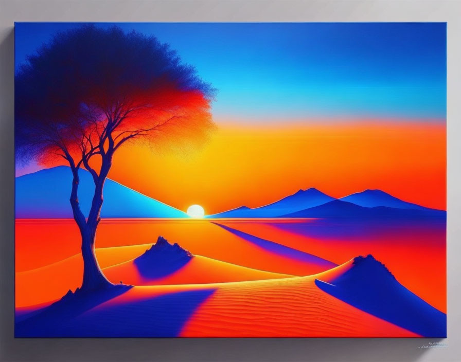 Colorful sunset painting with silhouetted tree and sand dunes