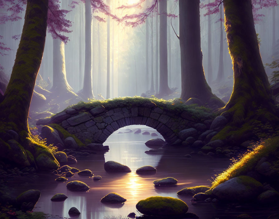 Tranquil forest scene with stone bridge and sunlight filtering through trees