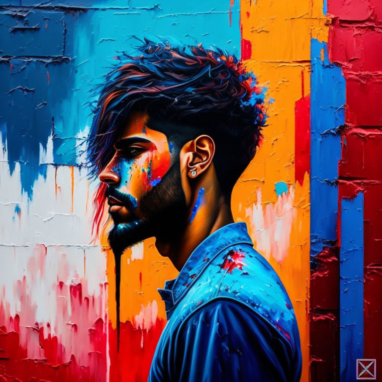 Colorful portrait of a bearded man with paint splatters on abstract background