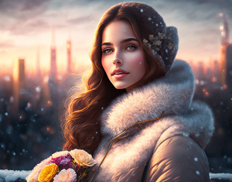 Brown-haired woman in winter attire with snowy city backdrop - Digital Artwork