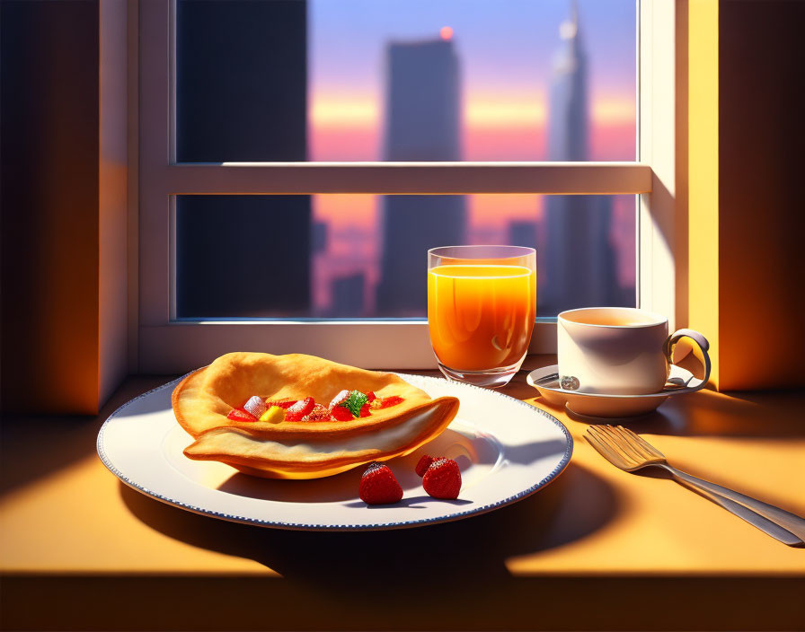 Tranquil breakfast scene with crepe, strawberries, orange juice, coffee, cityscape view at