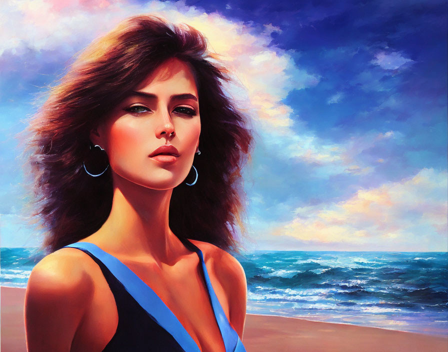 Portrait of woman with dark hair and blue dress against seascape background