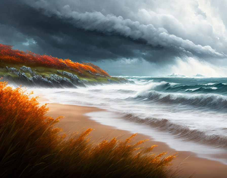 Stormy Coastal Scene with Turbulent Sea and Wildflowers