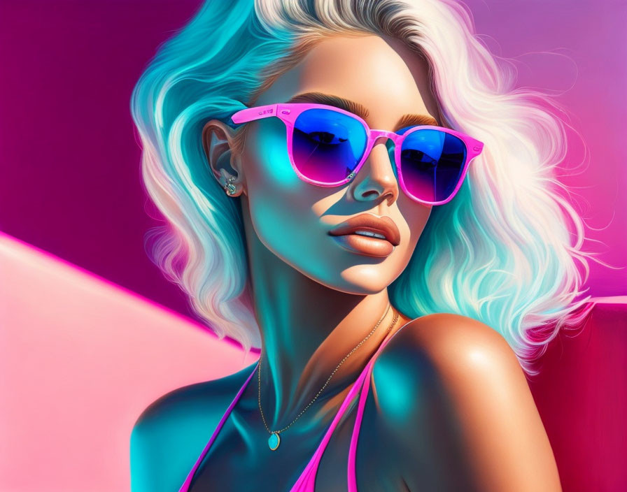 Digital portrait: Woman with blue hair and pink sunglasses on pink background