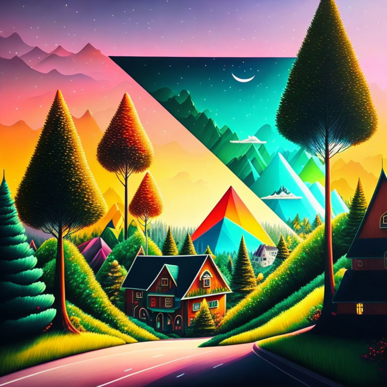 Stylized landscape art: vibrant day & night sky, whimsical trees, mountains, colorful houses