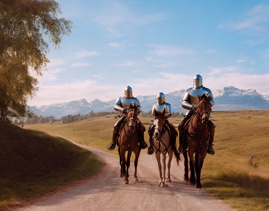 Medieval knights on horses with mountains in background