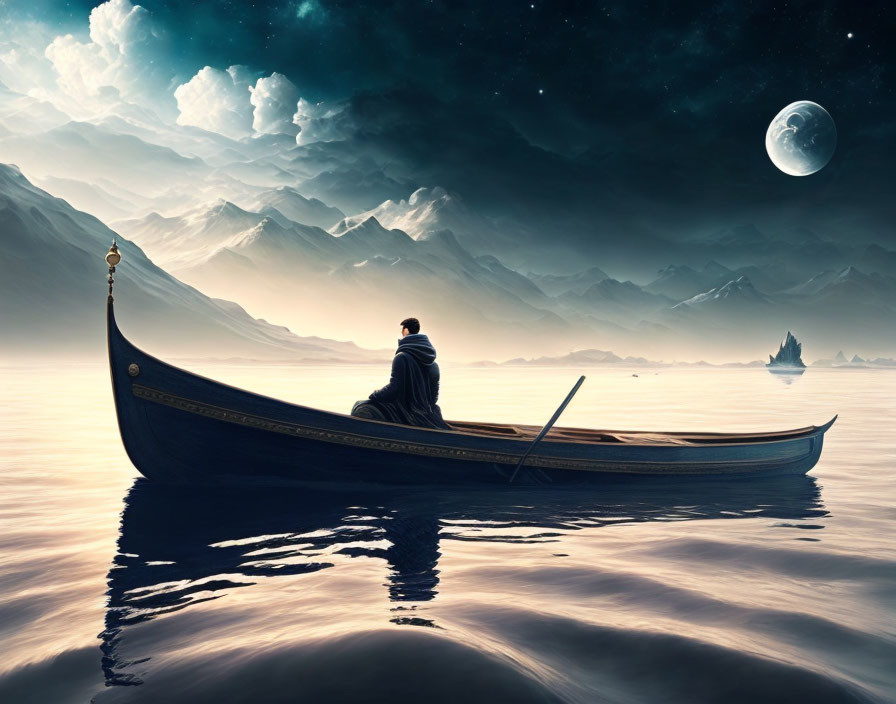 Night sky with moon and stars reflecting on calm waters from a boat