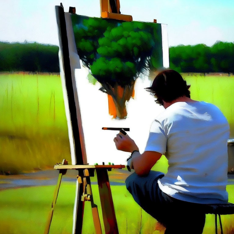 Artist painting green tree on canvas outdoors