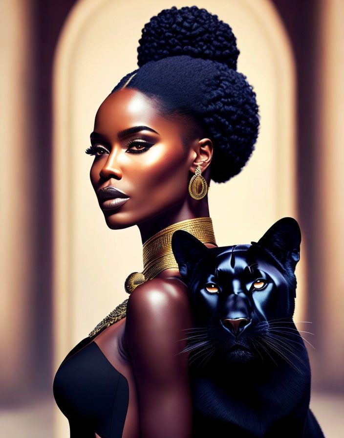 Sophisticated woman with high bun, hoop earrings, gold choker, and black panther.