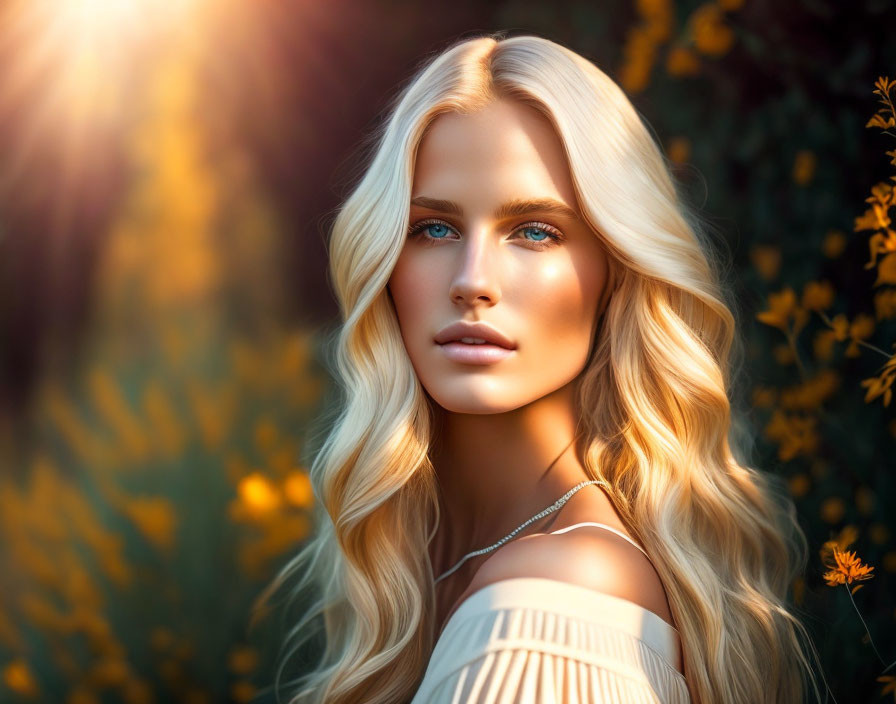 Blonde woman with blue eyes in sunlight among yellow flowers