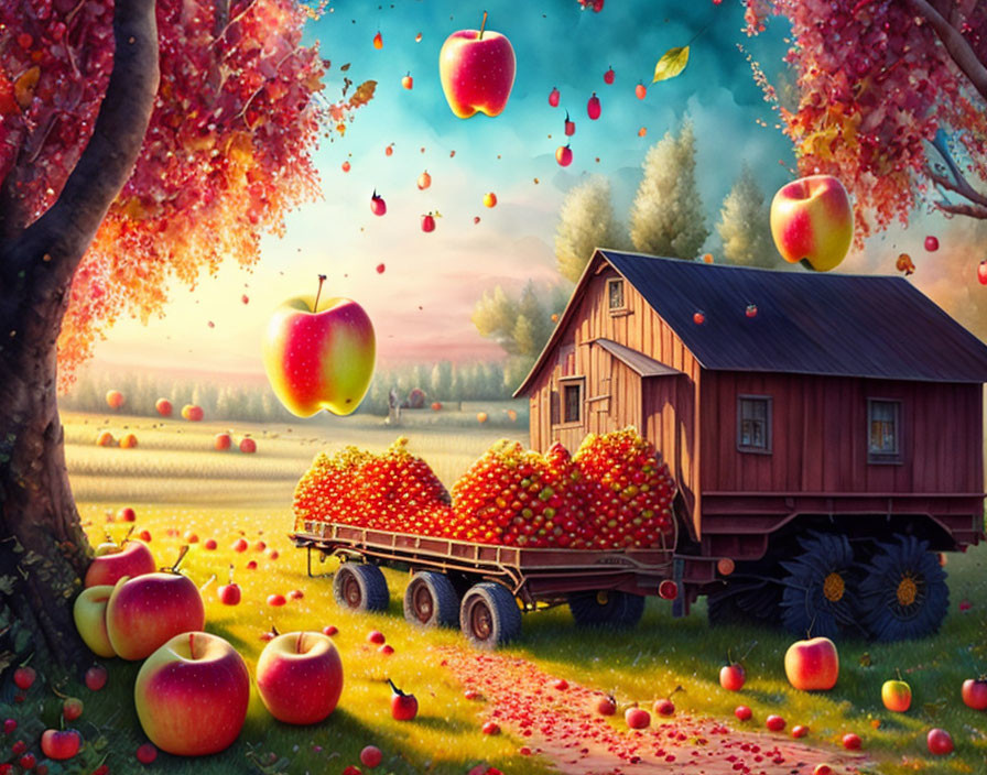 Autumn landscape with oversized floating apples near a barn.