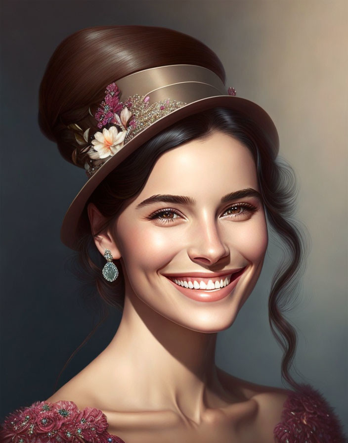 Smiling woman with elegant updo, stylish hat, flowers, earrings, and embellished dress