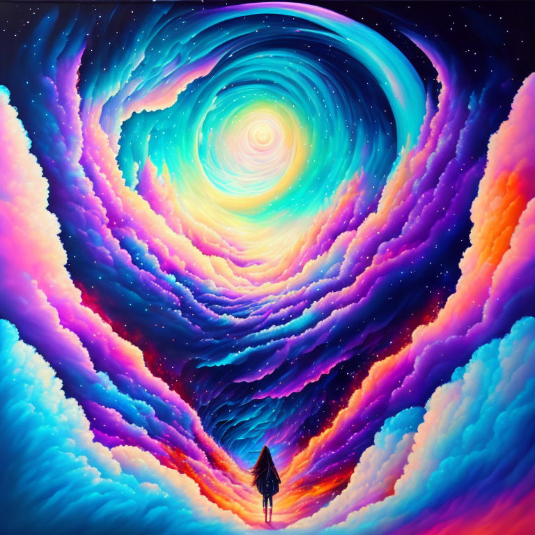 Colorful surreal artwork: person in front of swirling vortex