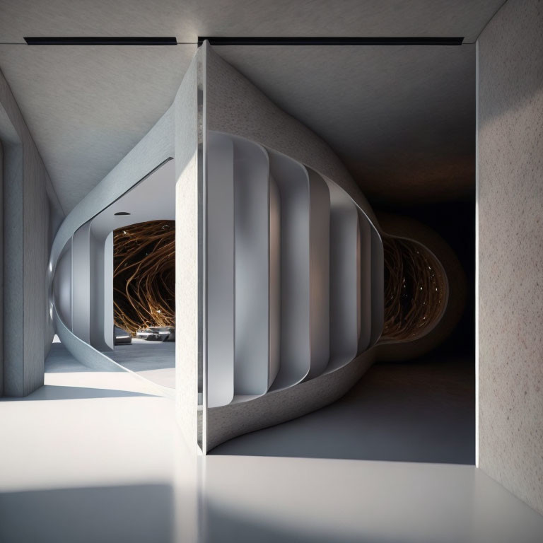 Futuristic tunnel-like corridor with reflective surfaces and nest-like structure