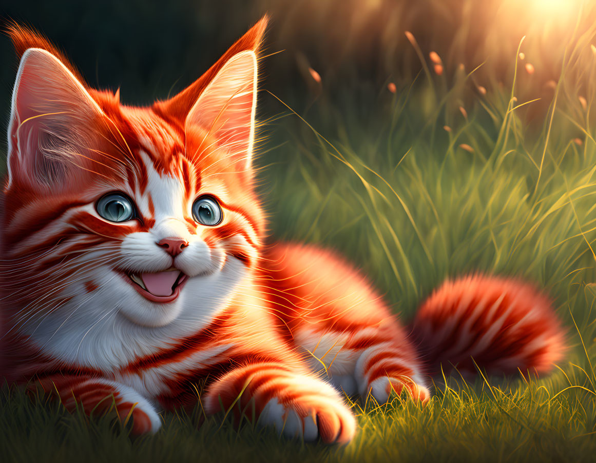 Orange-striped kitten with wide eyes in lush grass.