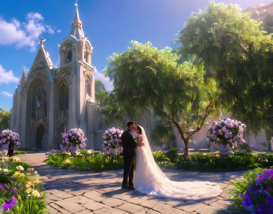 Couple embracing in garden by chapel with purple flowers and greenery