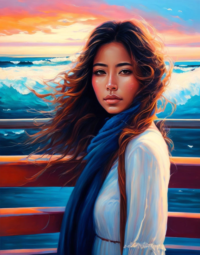 Woman with flowing hair in blue scarf at vibrant seaside sunset