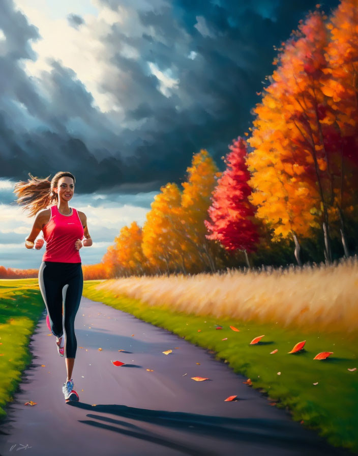 Woman jogging on vibrant autumn pathway under dramatic sky