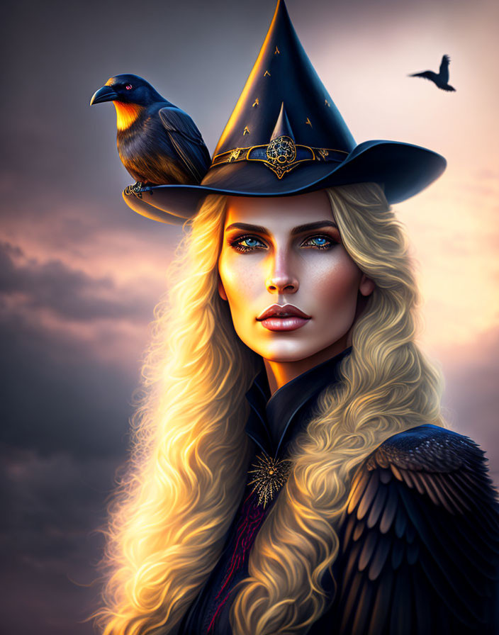 Digital illustration of woman with blue eyes, blonde hair, witch's hat, raven on shoulder,