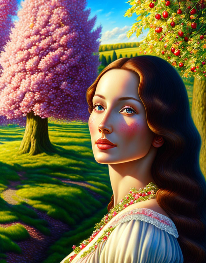 Digital art portrait of fair-skinned woman with brown hair and green eyes against vibrant pink and apple tree