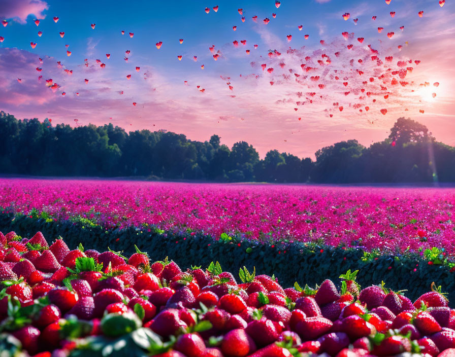 Scenic field with strawberries, pink flowers, and heart-shaped balloons.