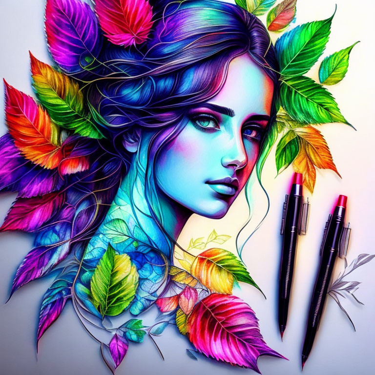 Colorful woman with leaves and feathers, pens at bottom