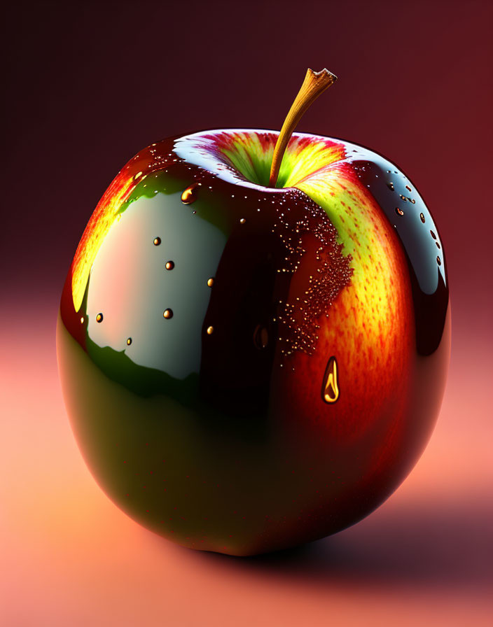 Vibrant gradient glossy apple with water droplets on warm background