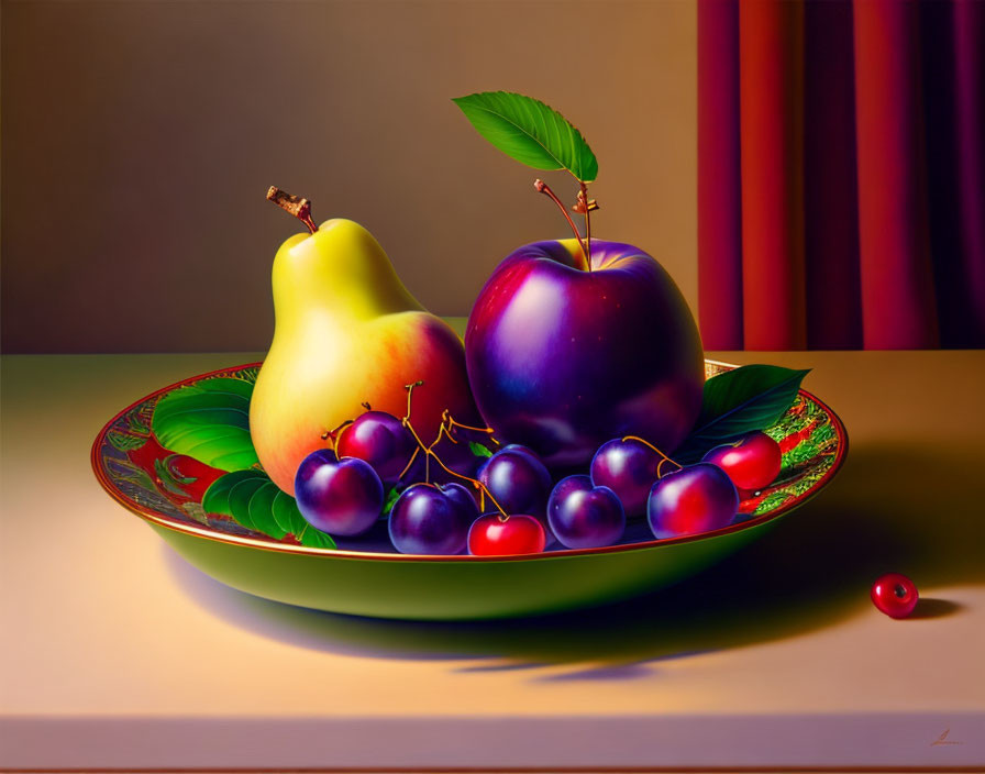 Fruit still life painting on decorative plate with draped curtains