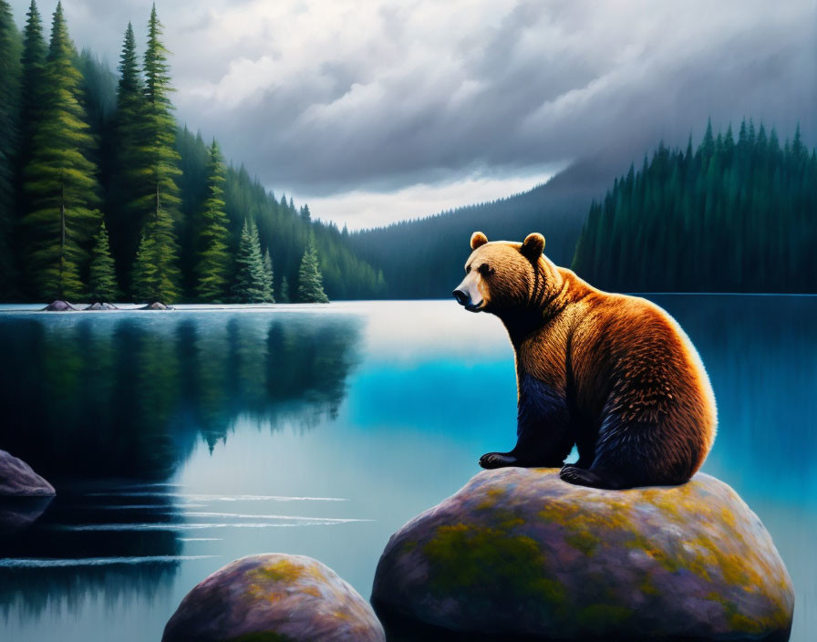 Bear sitting on rock by tranquil lake with pine trees and cloudy skies