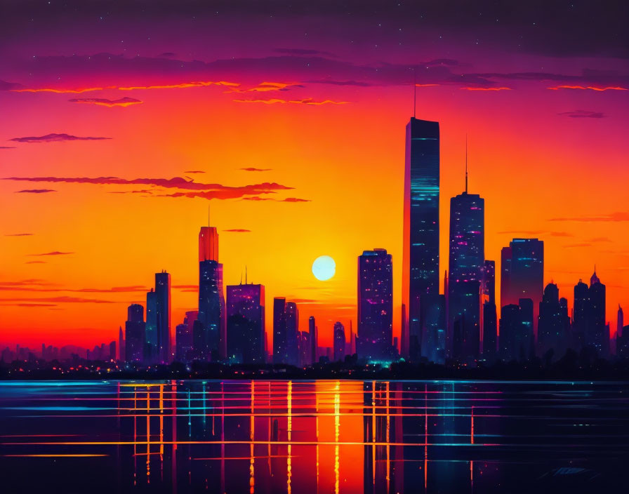 City skyline at sunset: silhouetted skyscrapers against vibrant orange and purple sky