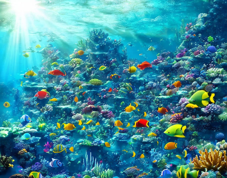 Colorful Tropical Fish and Diverse Coral in Vibrant Underwater Scene