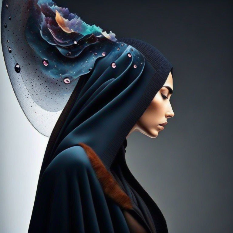 Profile of woman in cosmic-themed hijab on dark background