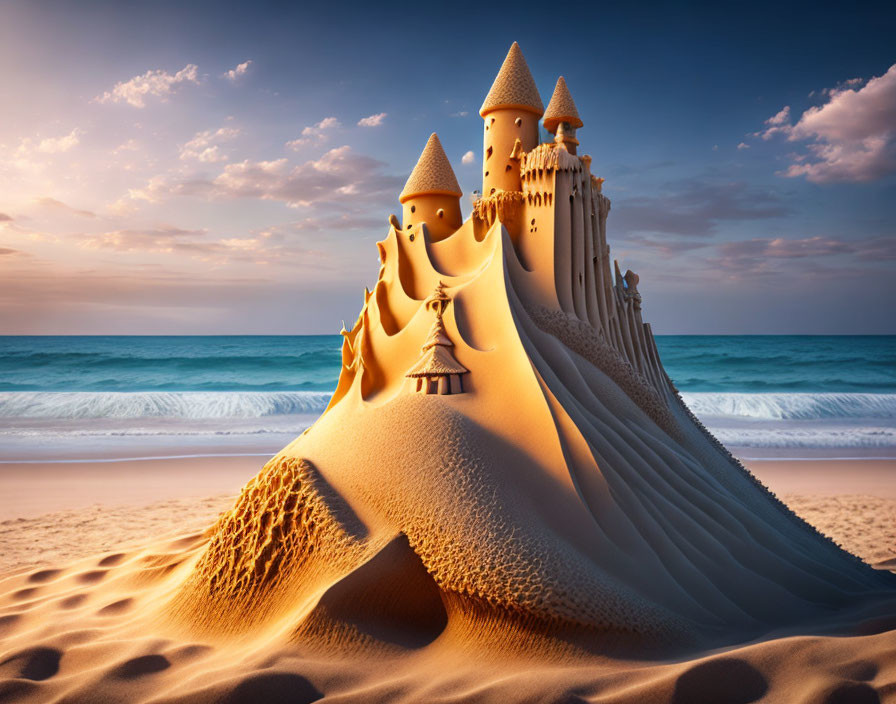 Intricate Sandcastle Towers on Beach at Sunset