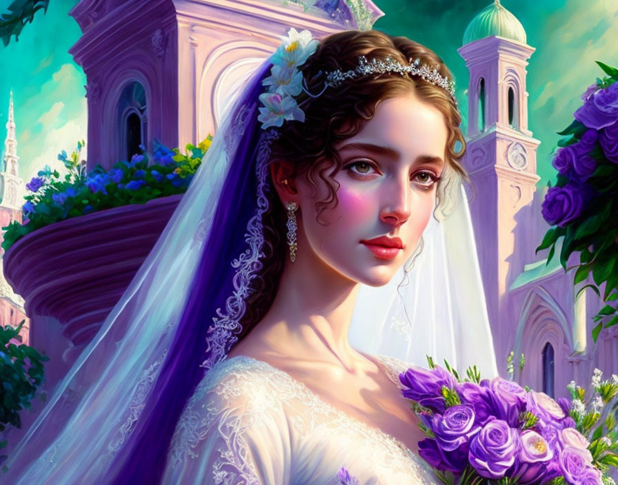 Bride digital illustration with tiara, veil, bouquet, and cathedral.