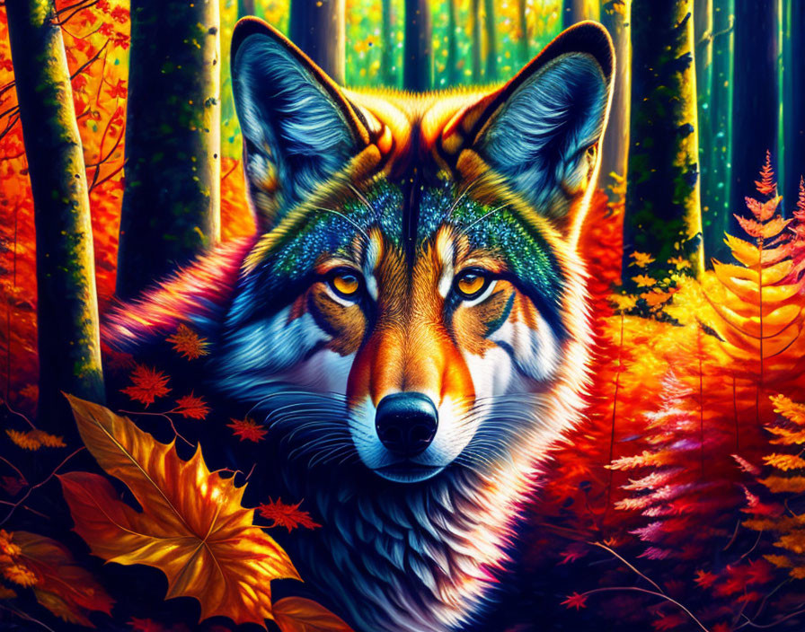 Colorful Wolf Face Art in Autumn Forest