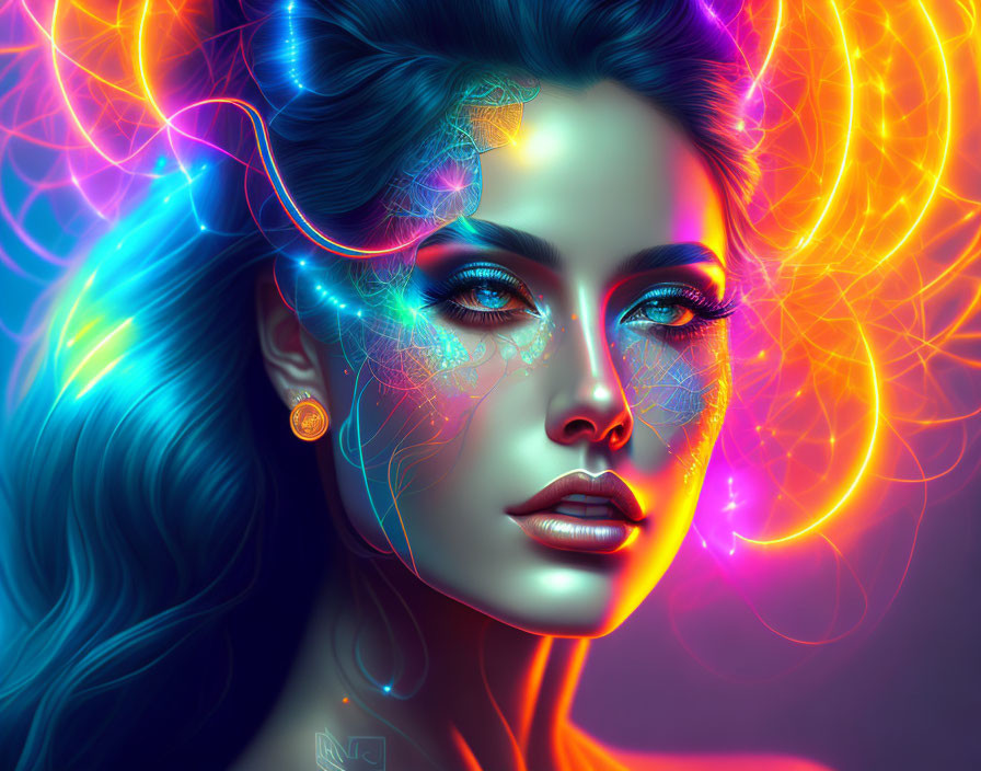 Colorful digital artwork: Woman with blue hair & neon lights, intricate facial details