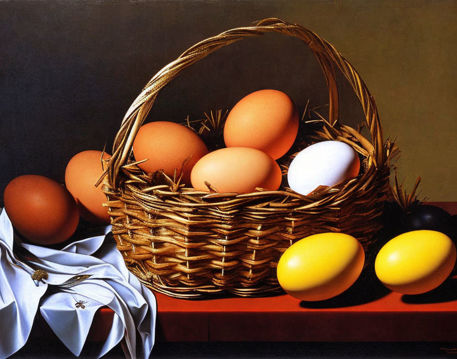 Wicker basket with brown and white eggs on tabletop