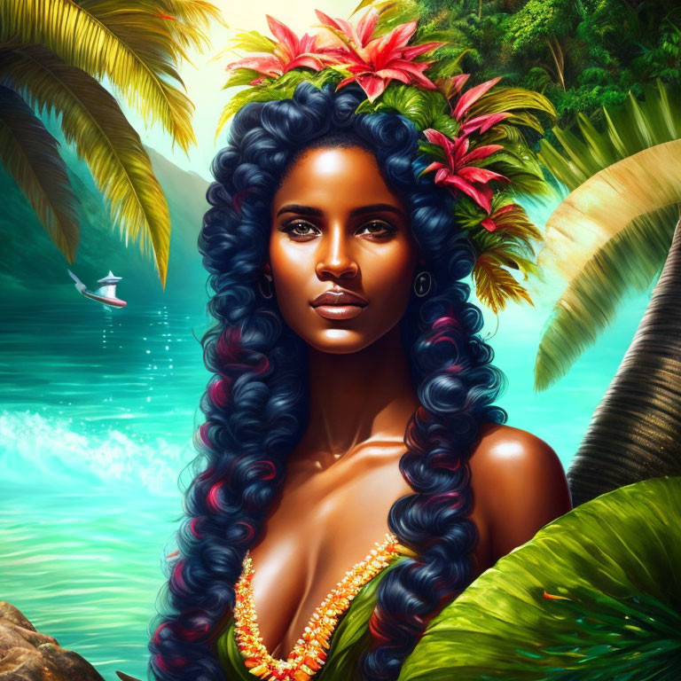 Digital artwork: Woman with blue hair and tropical flowers by palm trees and sea