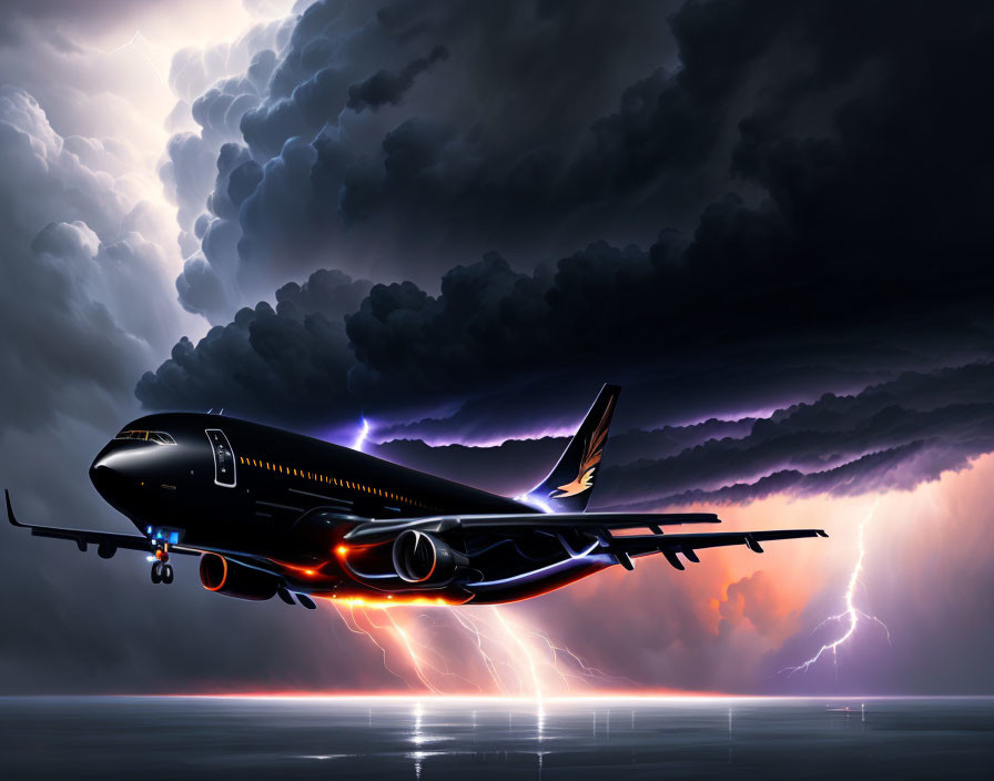 Stormy sky: Commercial airplane in dark clouds with lightning bolts