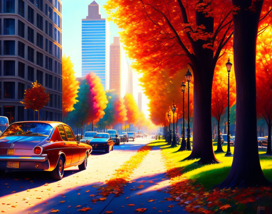 Autumn city street scene with vintage car, golden trees, fallen leaves.